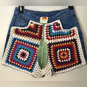 FARM RIO Multicolored Crochet Denim Shorts